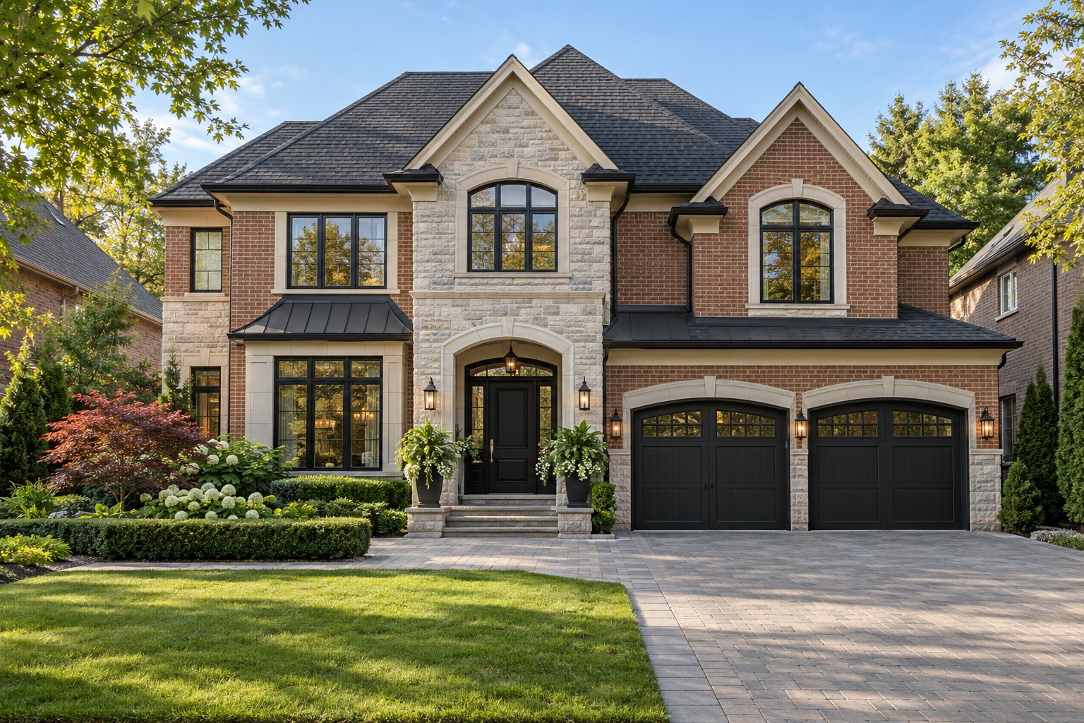 Illustrative suburban home with brick exterior and landscaped garden